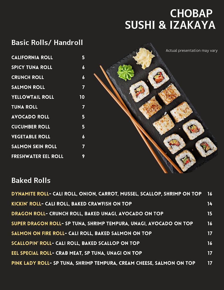 Chobap Sushi & Izakaya menu board