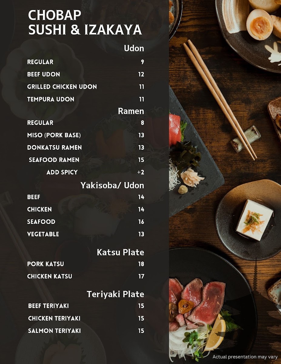 Chobap Sushi & Izakaya menu board