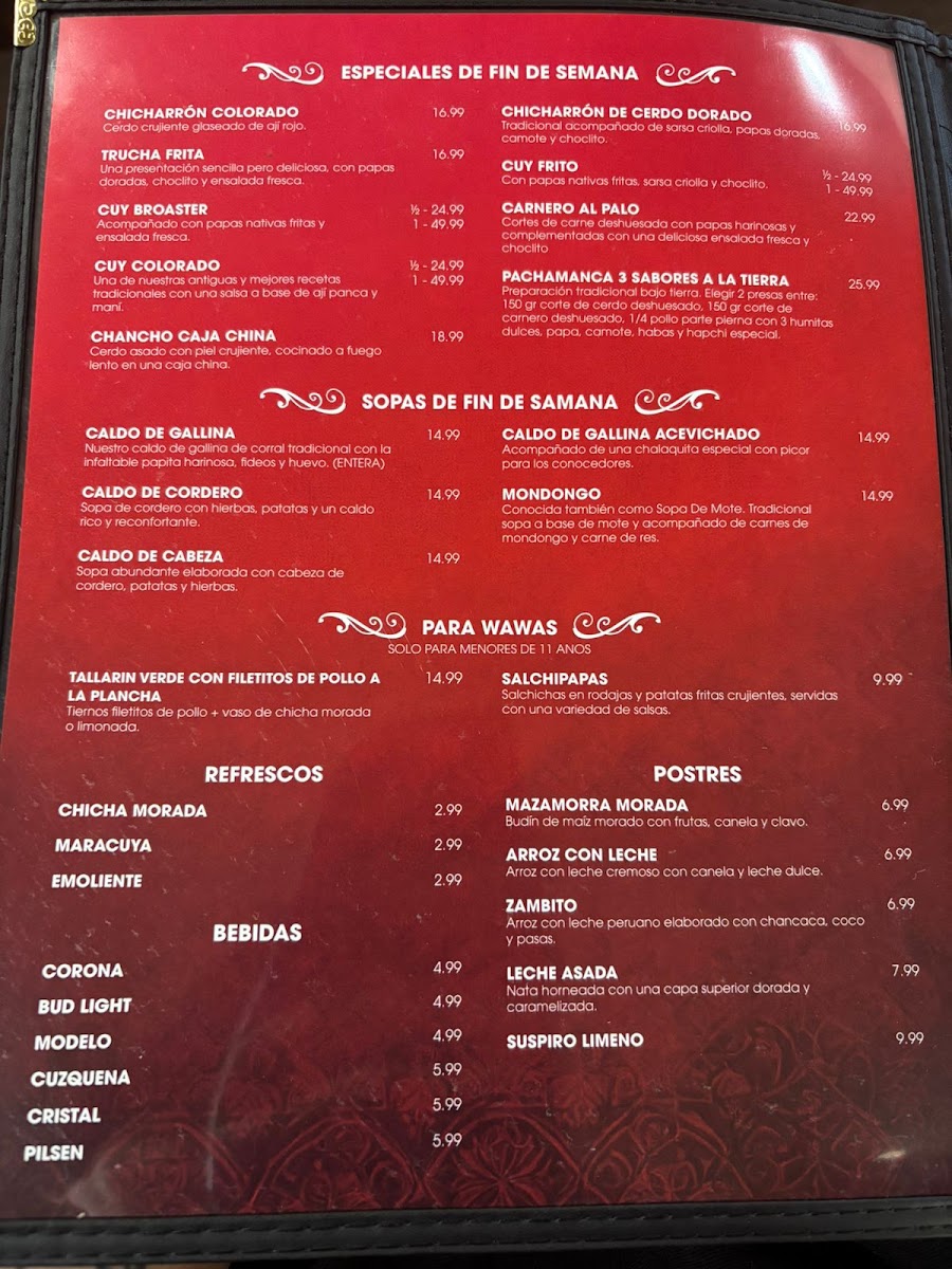 Betty's Authentic Peruvian Restaurant menu board