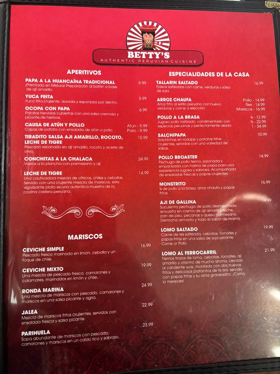 Betty's Authentic Peruvian Restaurant menu board