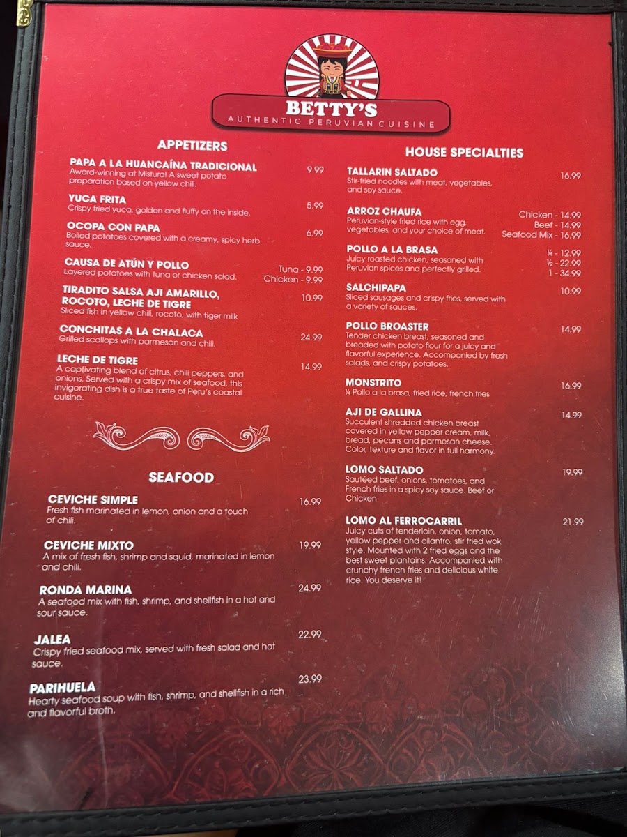 Betty's Authentic Peruvian Restaurant menu board