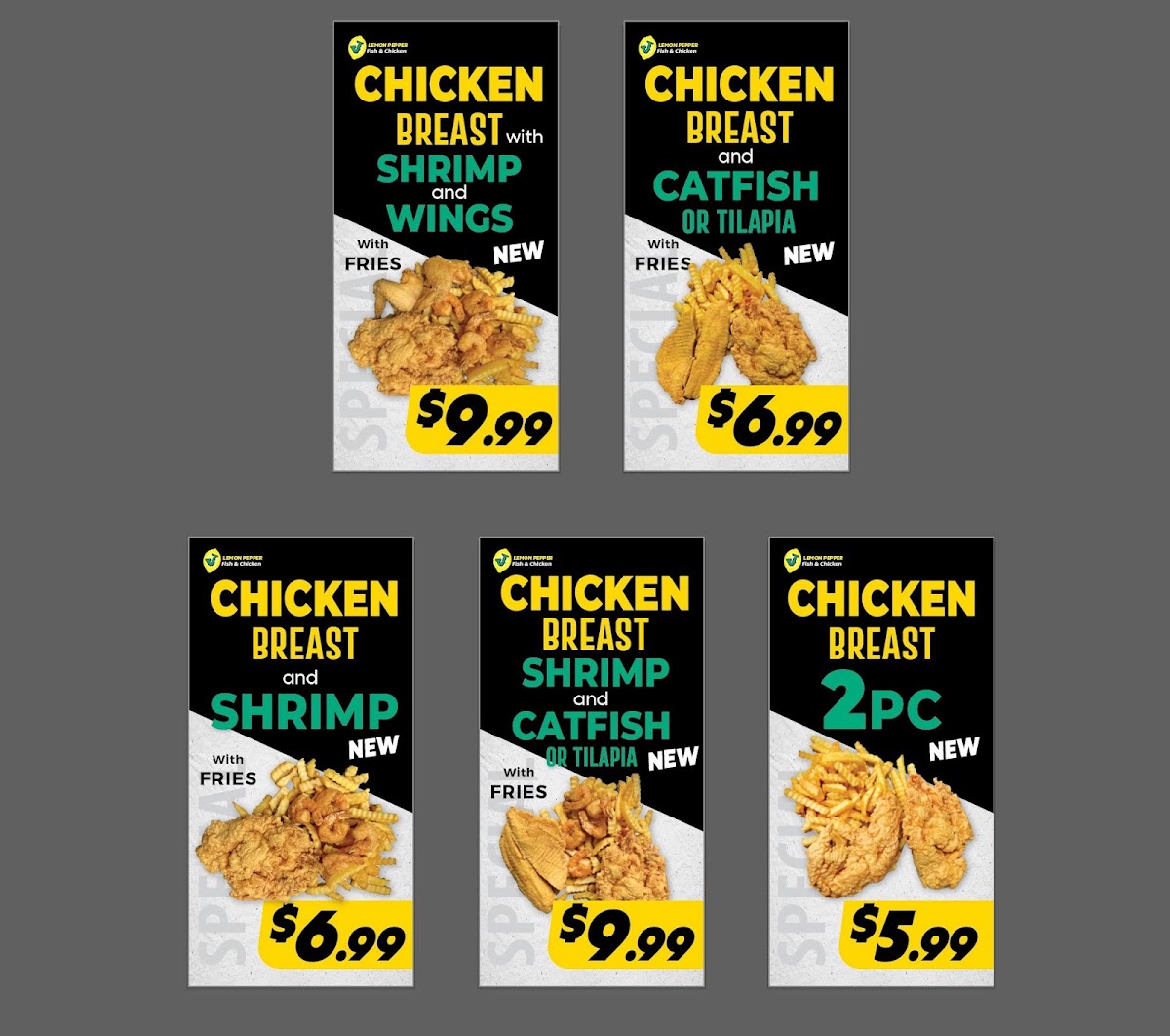 Lemon Pepper Fish and Chicken Albany menu board