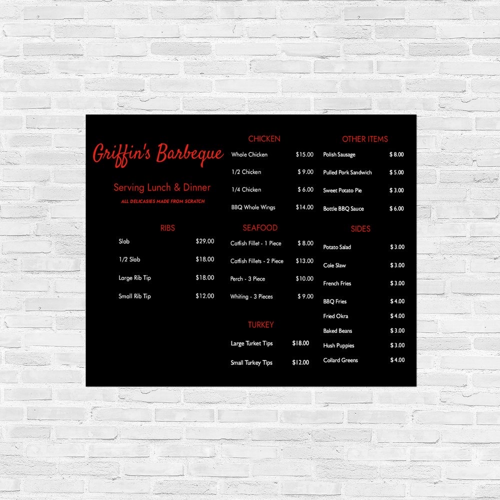 Griffins Barbeque menu board