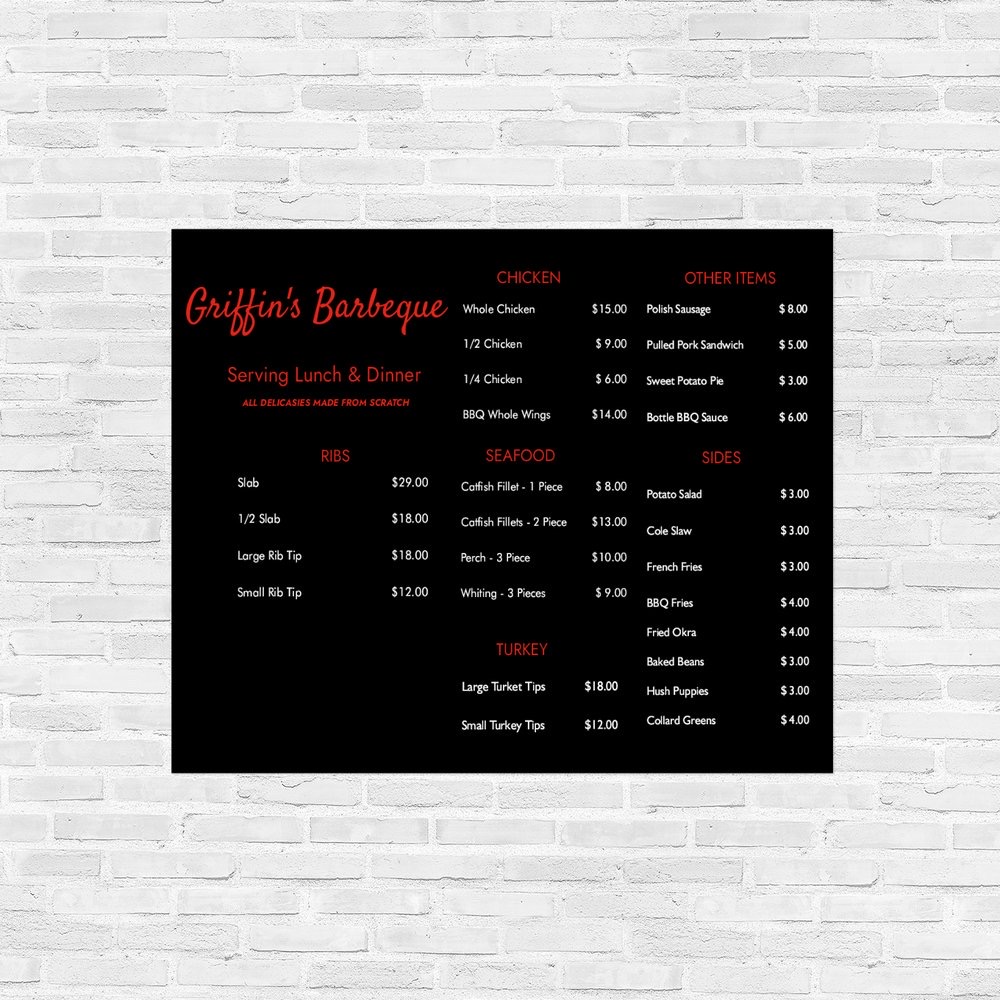 Griffins Barbeque menu board