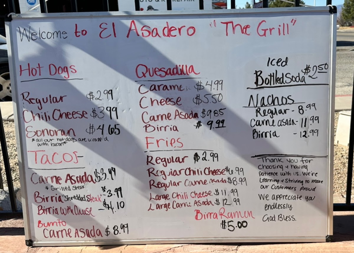 El Asadero menu board
