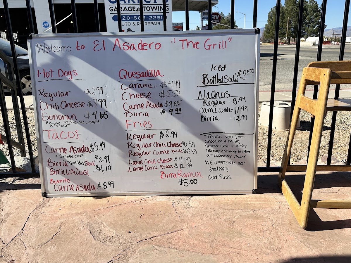 El Asadero menu board