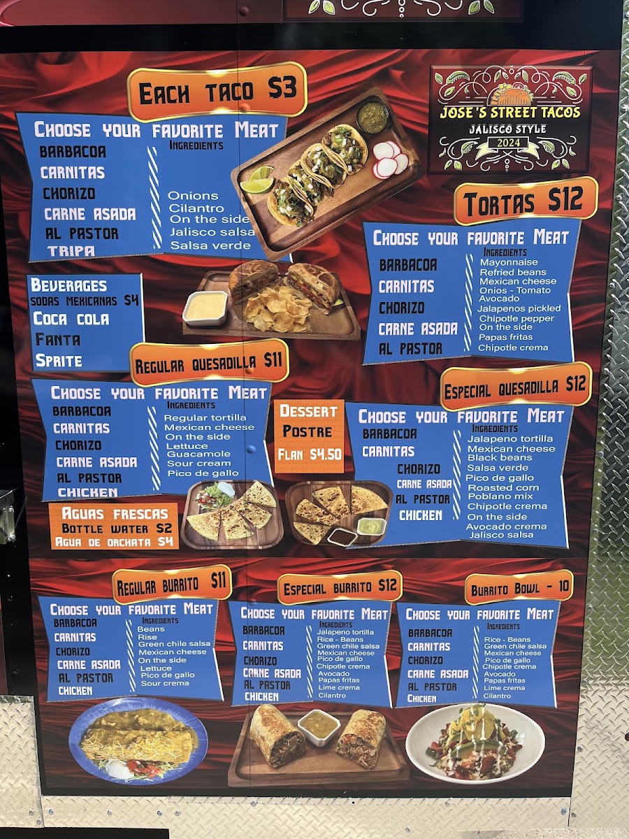 Jose’s Street Tacos menu board