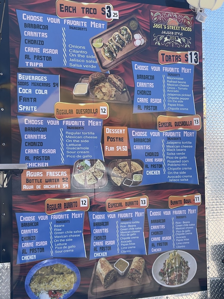 Jose’s Street Tacos menu board