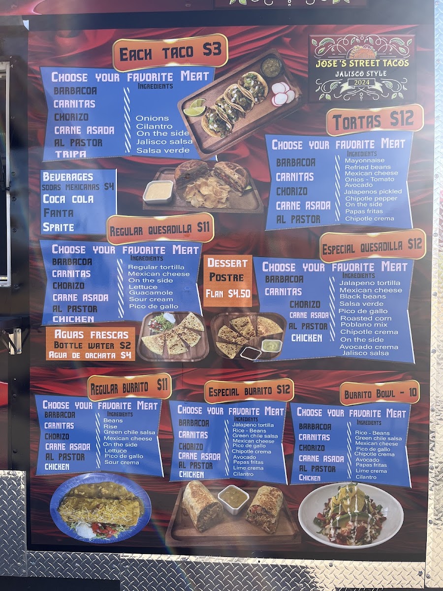Jose’s Street Tacos menu board