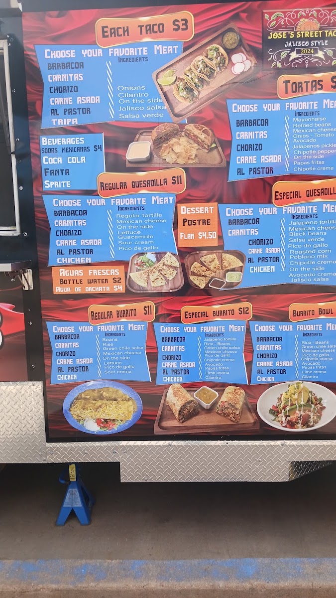 Jose’s Street Tacos menu board