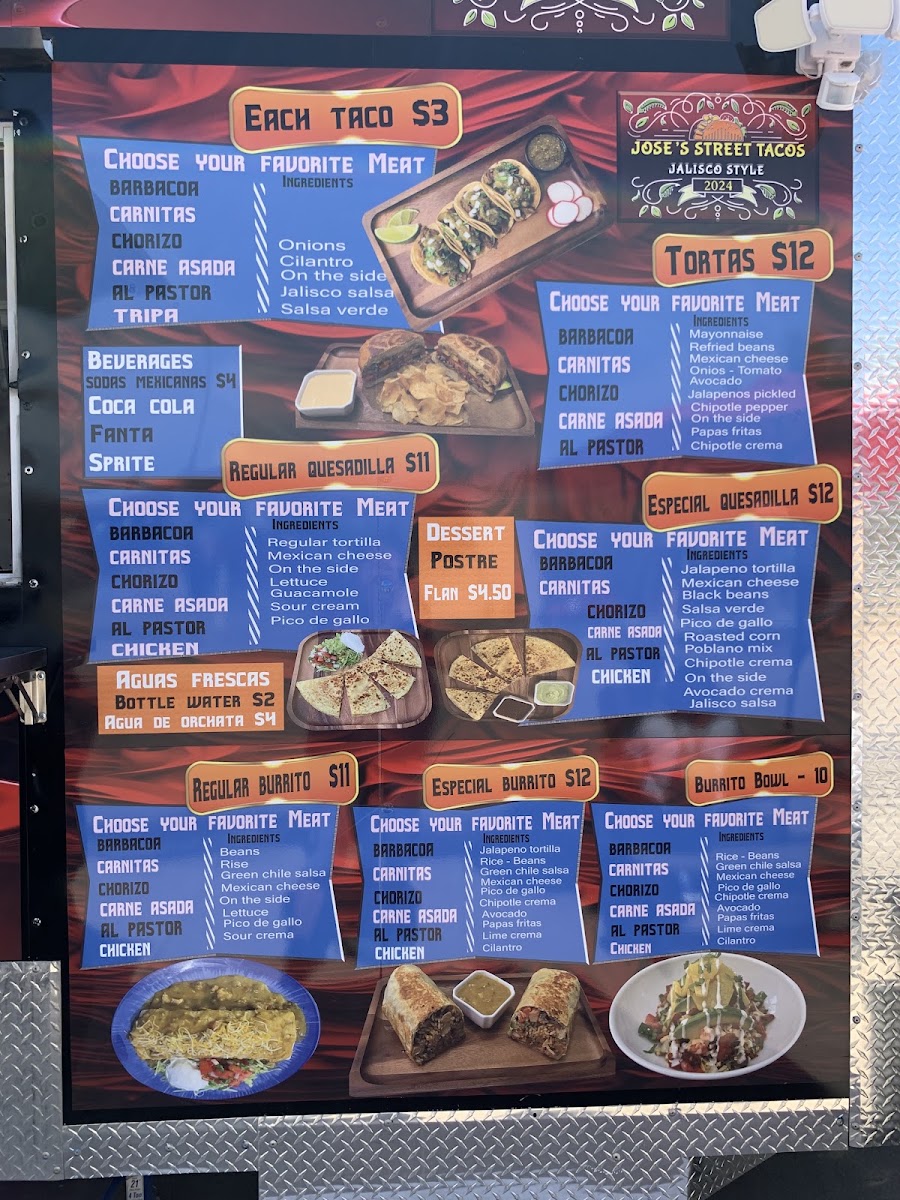 Jose’s Street Tacos menu board