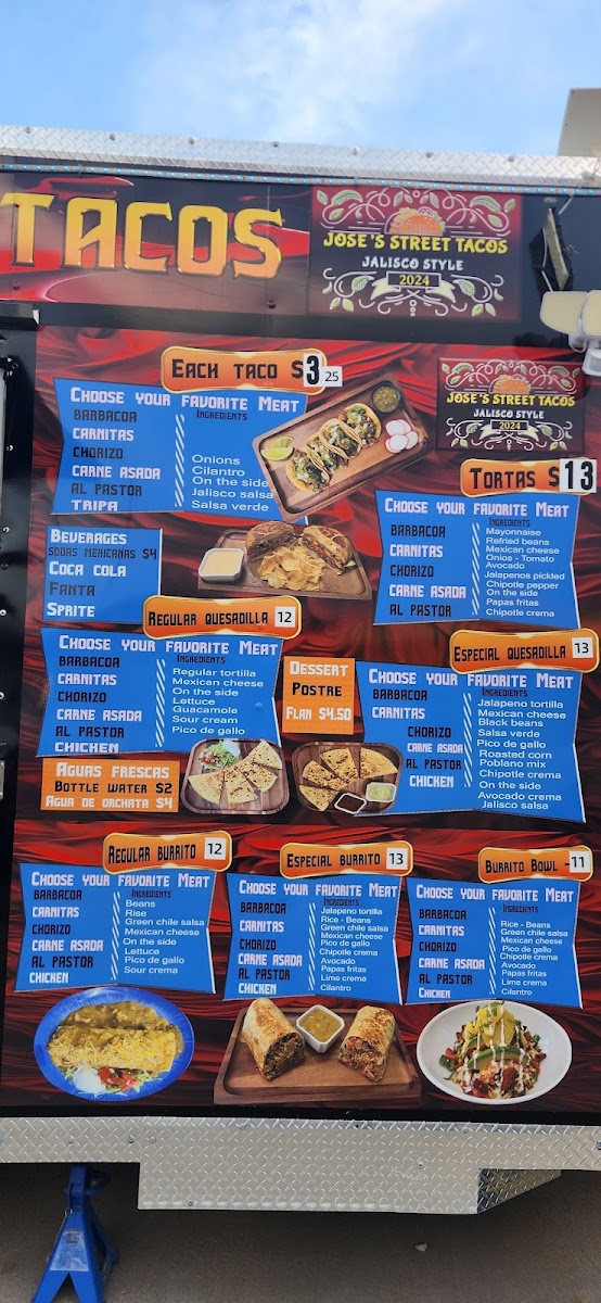 Jose’s Street Tacos menu board