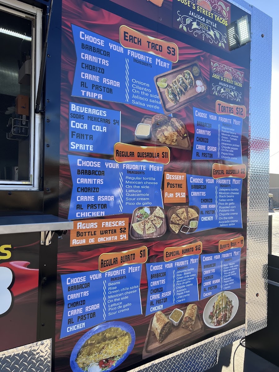 Jose’s Street Tacos menu board