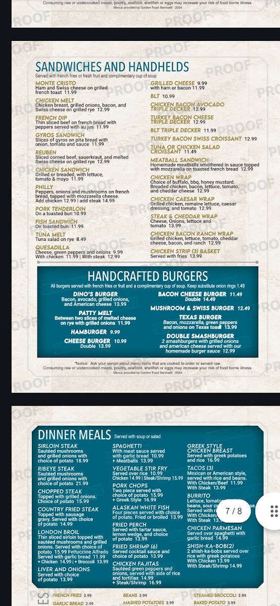 Dino's Family Restaurant menu board