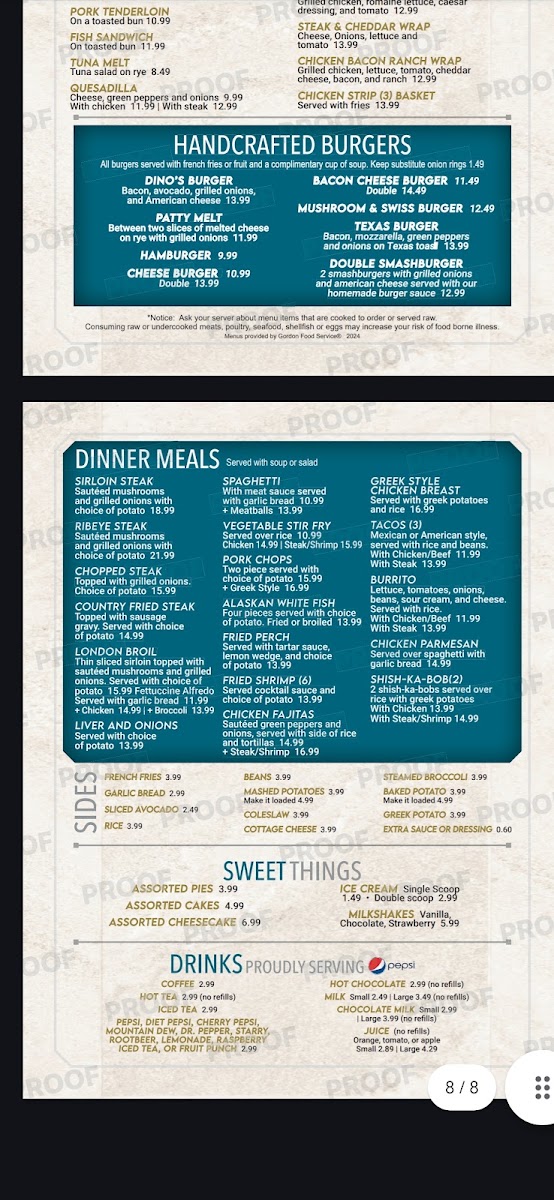 Dino's Family Restaurant menu board