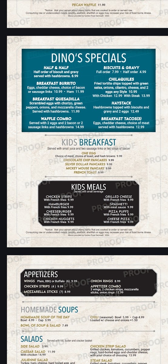 Dino's Family Restaurant menu board
