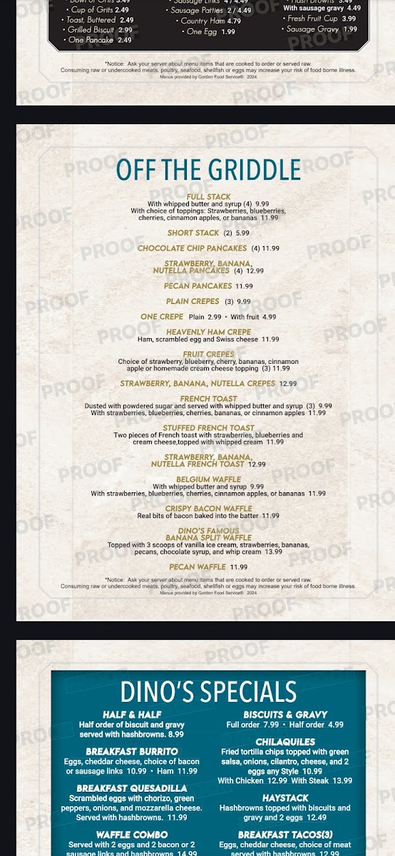 Dino's Family Restaurant menu board