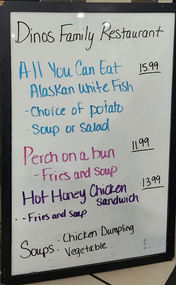 Dino's Family Restaurant menu board