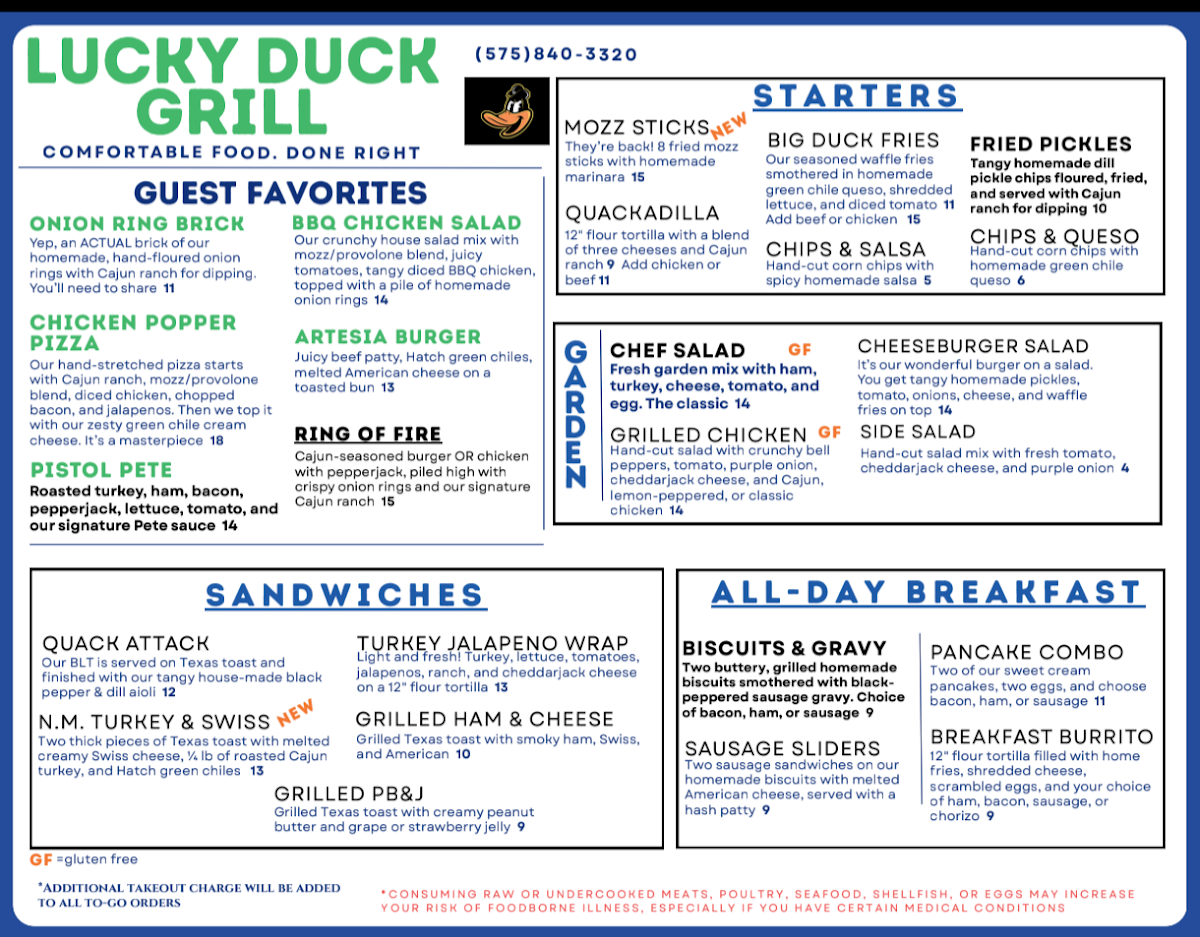 Lucky Duck Grill menu board