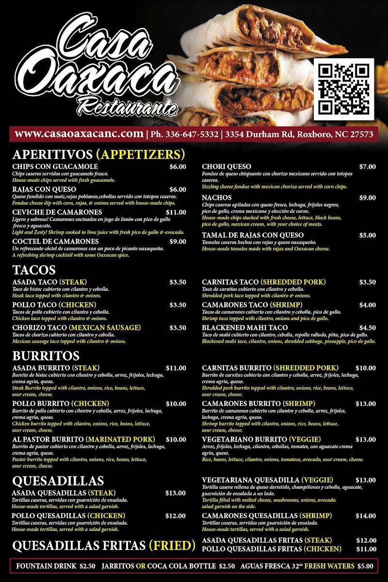 Casa Oaxaca Restaurante menu board