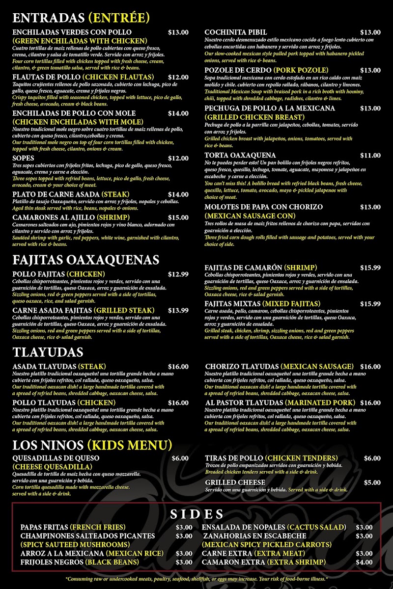 Casa Oaxaca Restaurante menu board