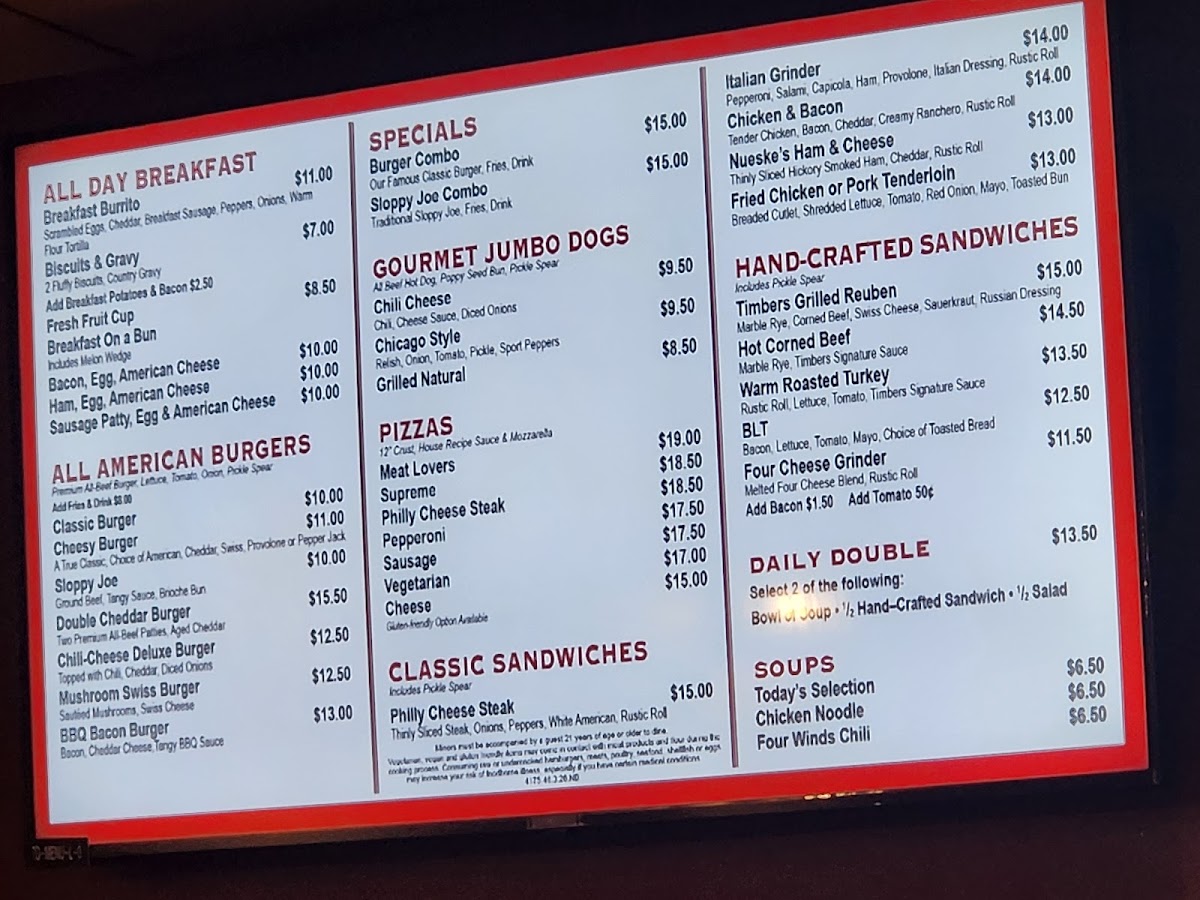 Timbers Fast Food & Deli New Buffalo menu board