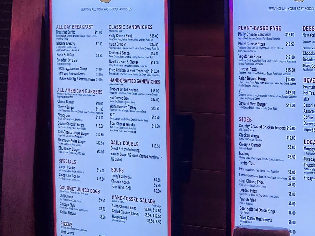 Timbers Fast Food & Deli New Buffalo menu board
