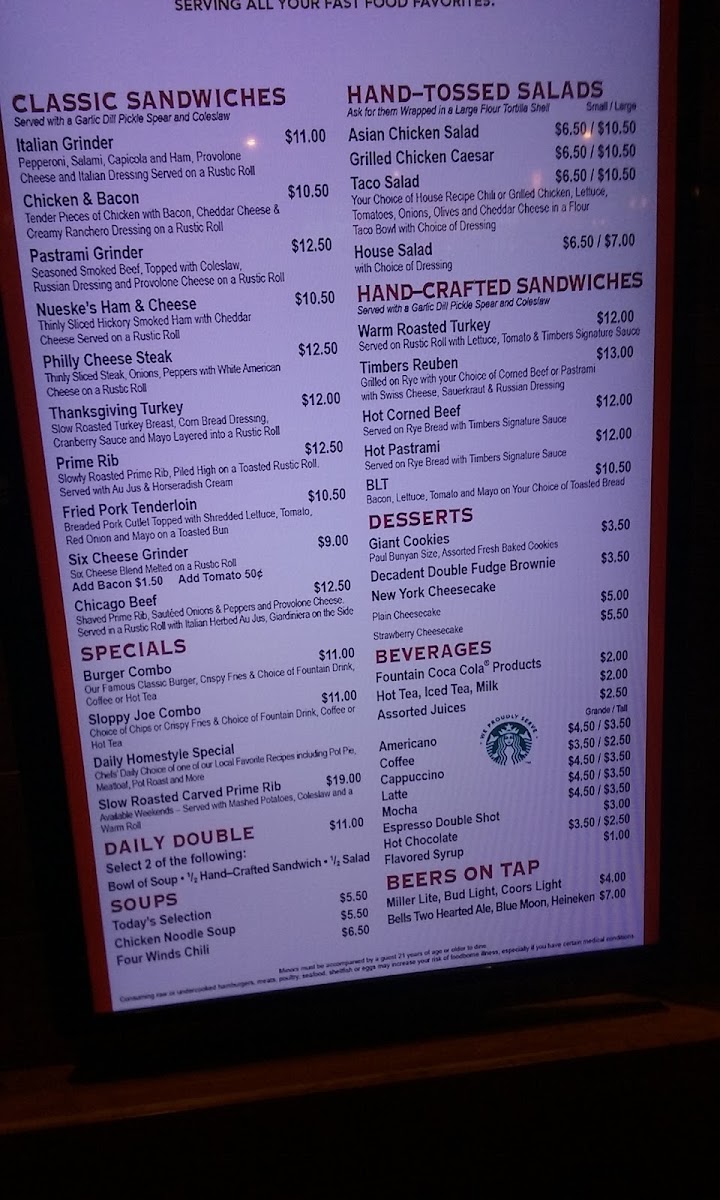 Timbers Fast Food & Deli New Buffalo menu board