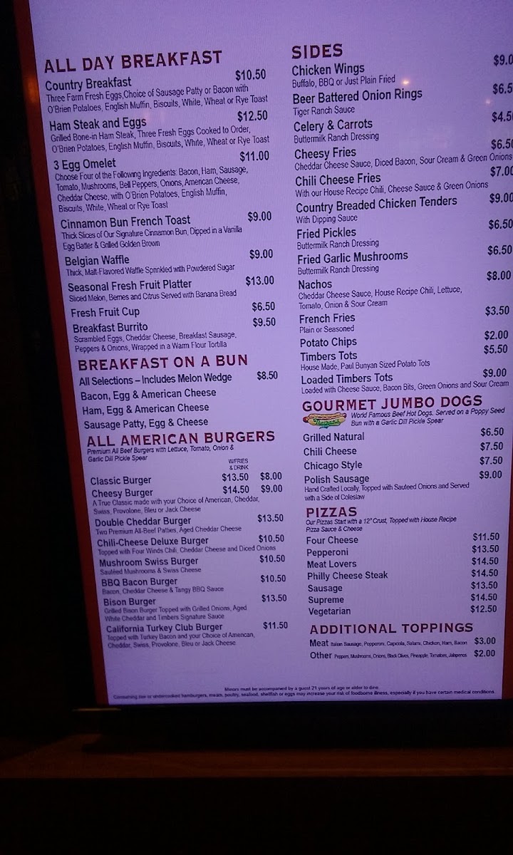 Timbers Fast Food & Deli New Buffalo menu board