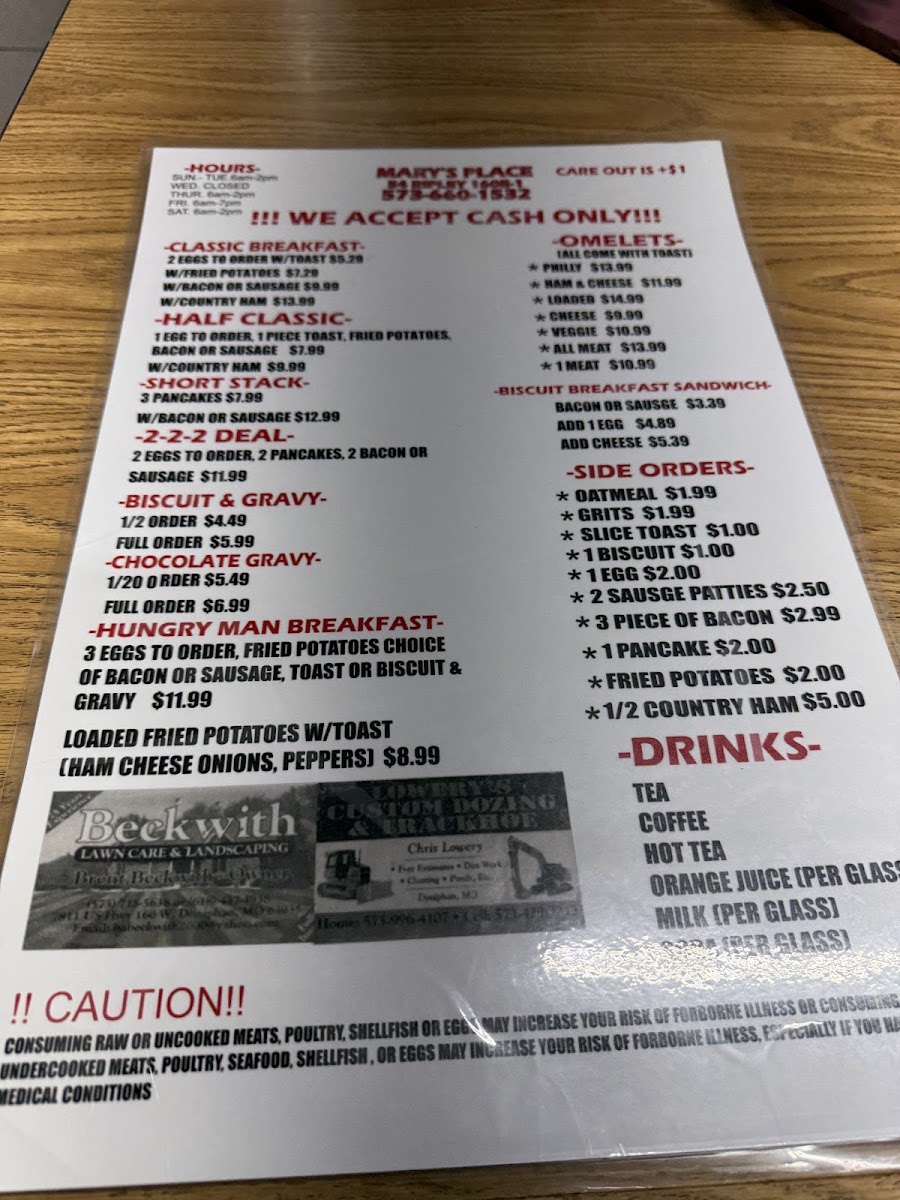 Mary's Cafe menu board