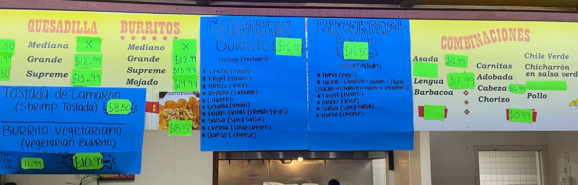 La Taqueria menu board