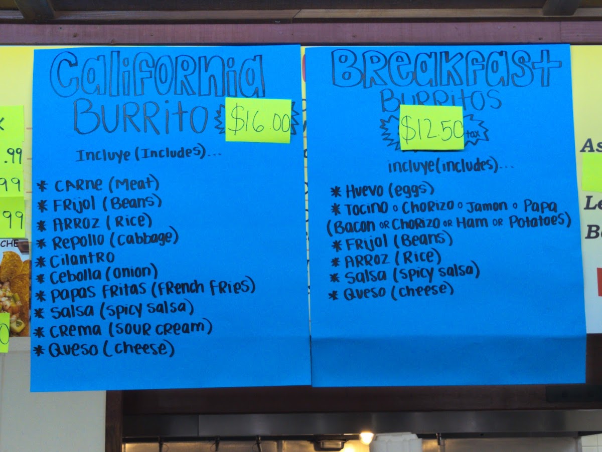 La Taqueria menu board