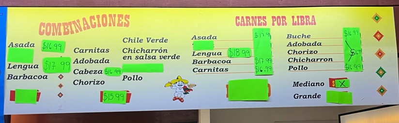 La Taqueria menu board