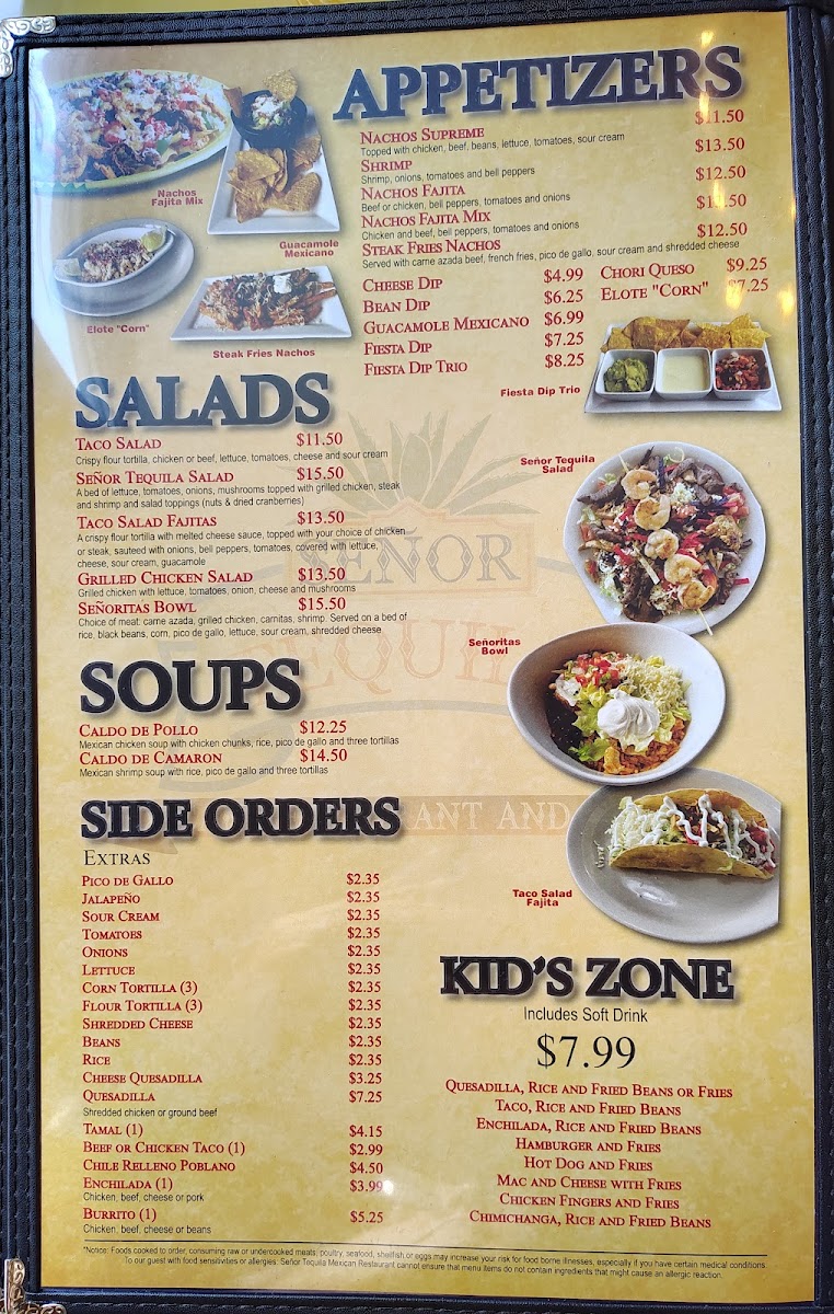 Señor Tequila Mexican Restaurant menu board
