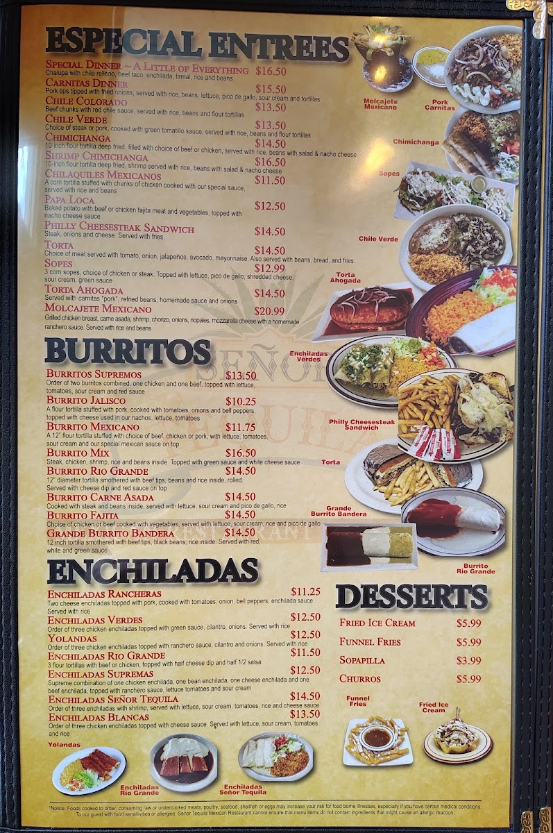 Señor Tequila Mexican Restaurant menu board