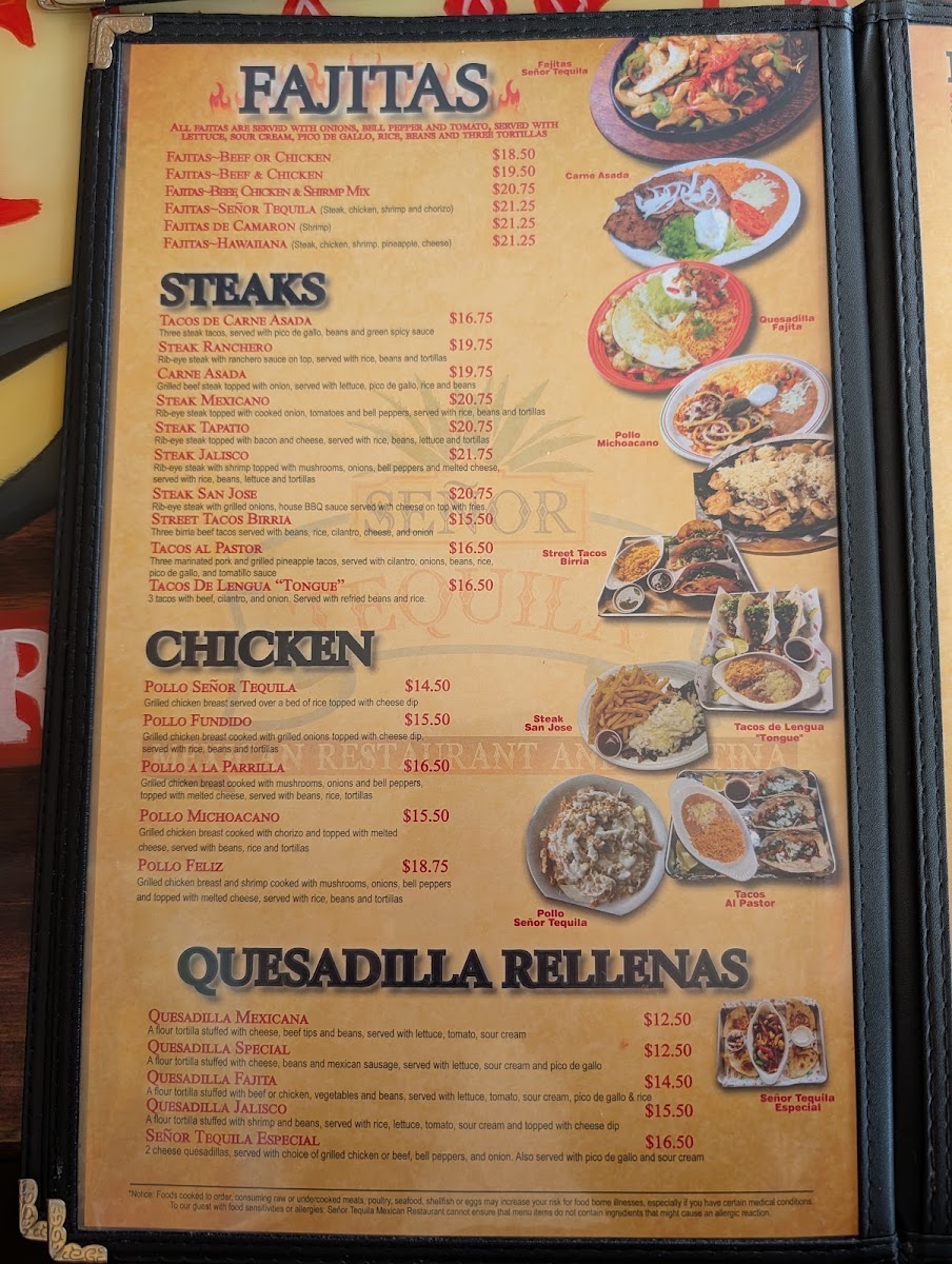 Señor Tequila Mexican Restaurant menu board
