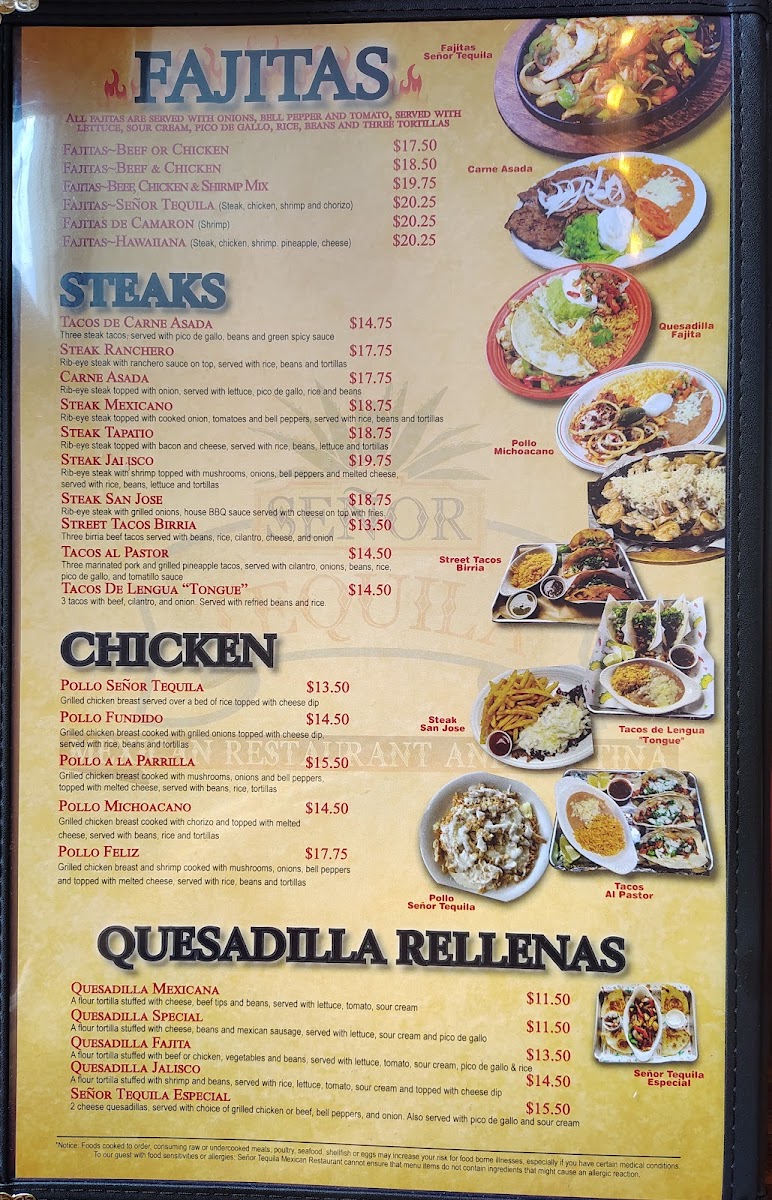Señor Tequila Mexican Restaurant menu board