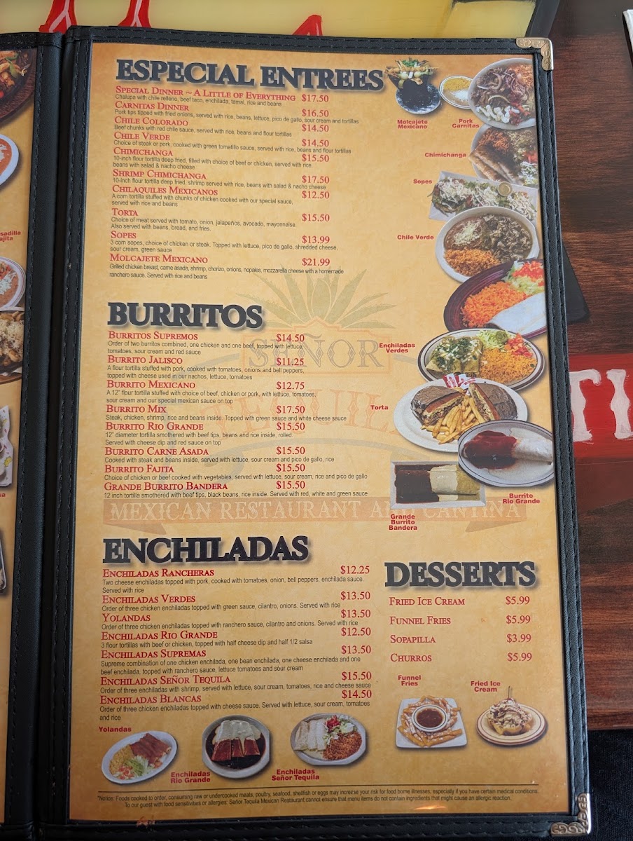 Señor Tequila Mexican Restaurant menu board