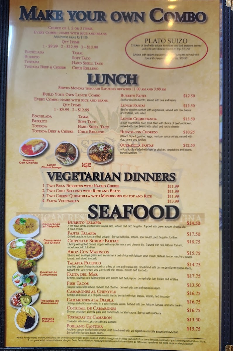 Señor Tequila Mexican Restaurant menu board