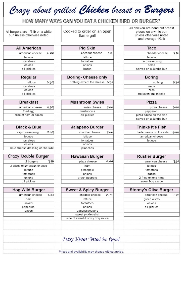 Crazy Lady Restaurant & Bar menu board