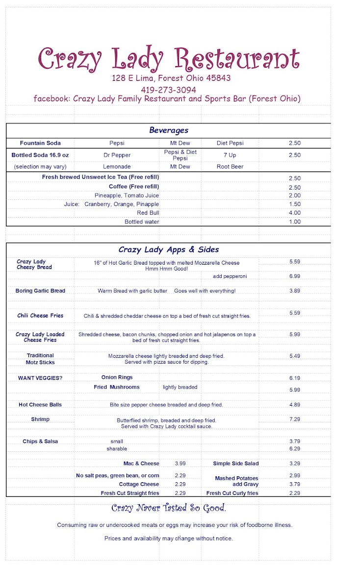 Crazy Lady Restaurant & Bar menu board