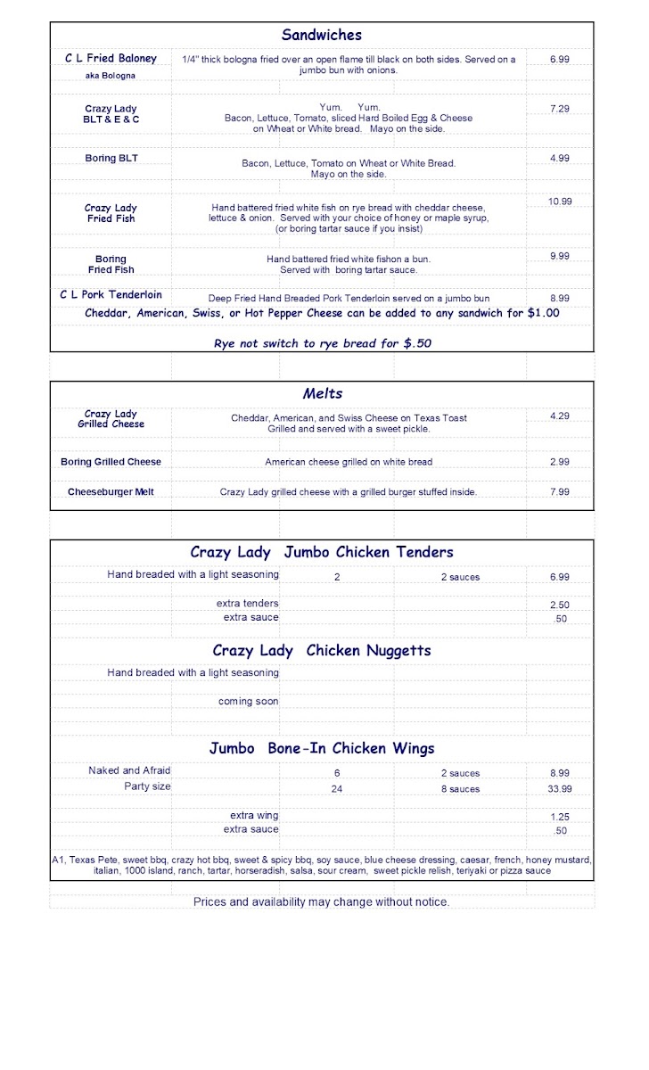 Crazy Lady Restaurant & Bar menu board
