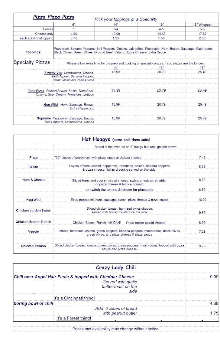 Crazy Lady Restaurant & Bar menu board