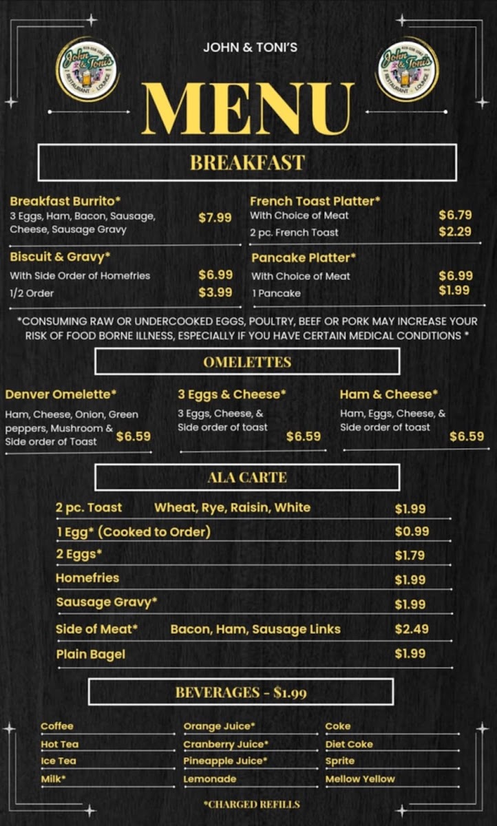 John & Toni's Restaurant/ Lounge LLC menu board