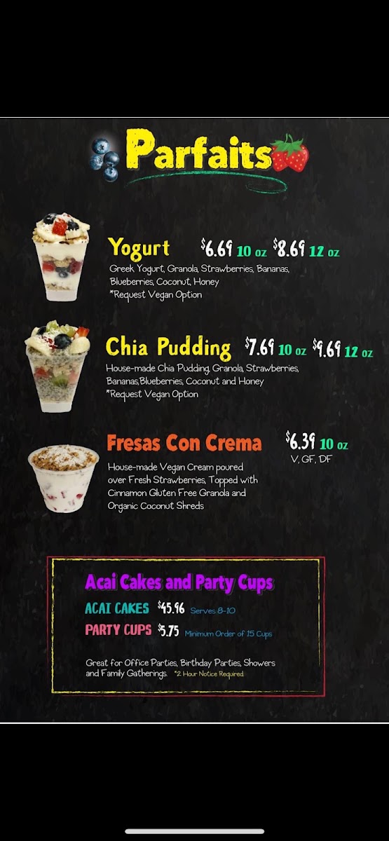 The Acai Bar menu board