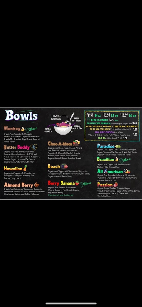 The Acai Bar menu board