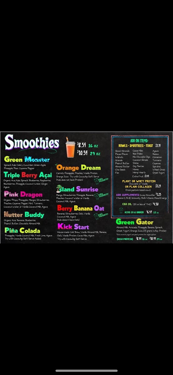 The Acai Bar menu board
