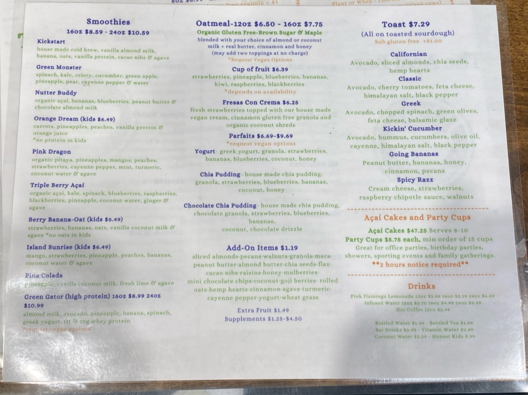 The Acai Bar menu board