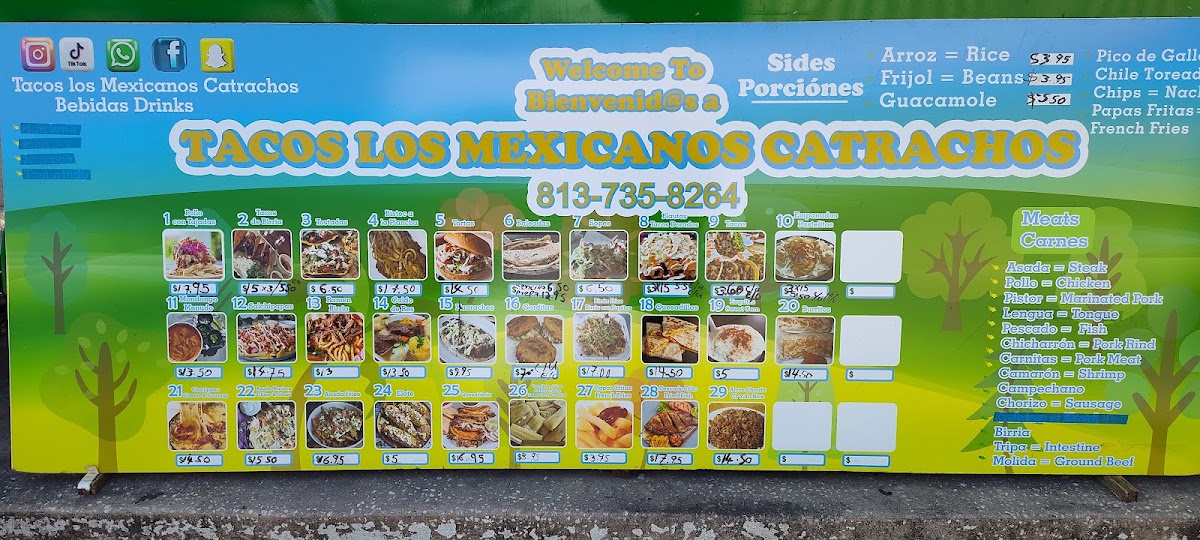 Tacos Los Mexicanos Catrachas menu board