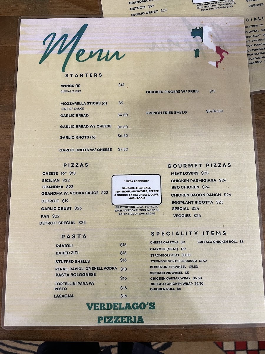 VERDELAGO'S PIZZERIA menu board